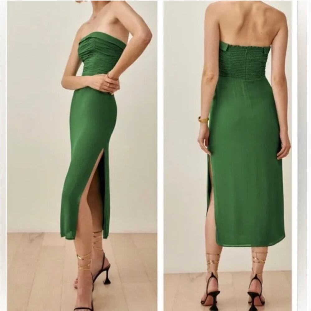 EUC $365 Reformation Lore Ruched Strapless Kelly Green Midi Dress - Picture 10 of 10